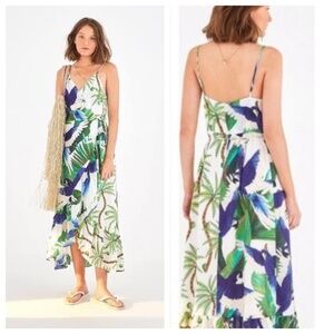 FARM RIO Mixed Palm Women’s M Green/Blue Maxi Dress Vacation Tropical Parrot
